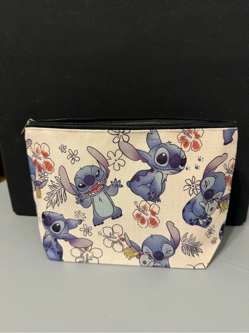 Cute Stitch Printed Cosmetic Pouch in Cream and Blue